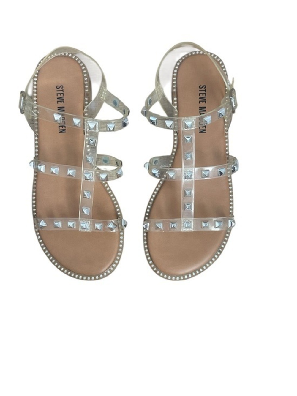Steve Madden Clear T-Strap Studded Sandals - Silver Accents